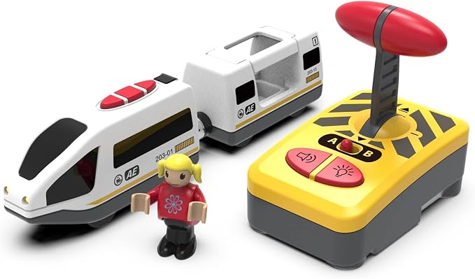Remote Control Train for Wooden Track – White Bullet Locomotive with Opening Carriage & Action Figure, Lights & Sounds, Touch & Remote Control, Compatible with Thomas & Brio, Gift for Kids 3+