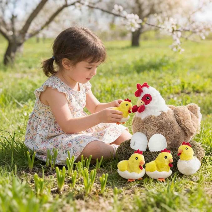 9 in 1 Chicken Stuffed Animal, Stuffed Chicken Toys for Kids Zippered Egg Laying Hen Chicken Plush with Baby Chicks, Eggs and Coop for Christmas Birthday Gifts Farm Party Decors