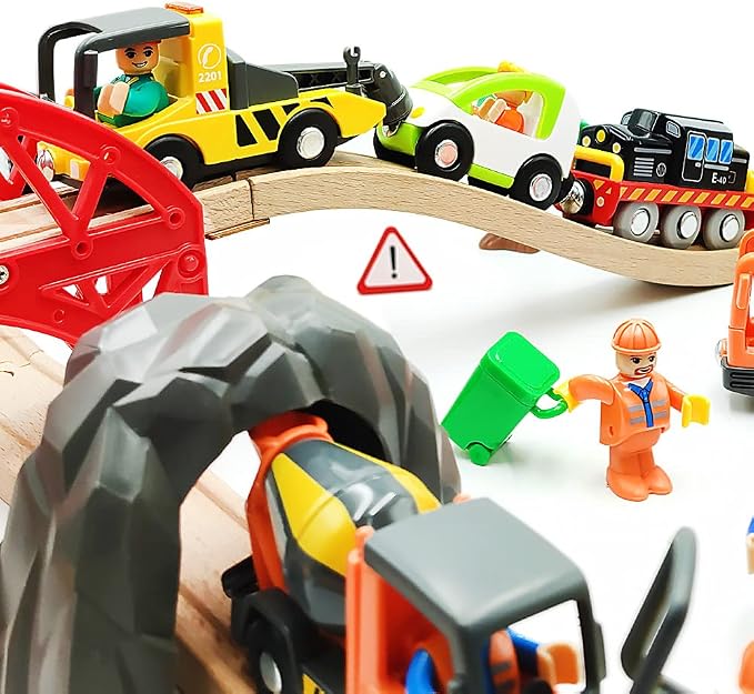 Wooden Train Cars Track Accessories Set - Small Vehicles Magnetic Trailer Truck - Fit for Wooden Train Track - Railway for Boys and Girls