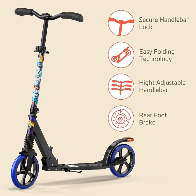 Campior Kick Scooter for Ages 6+, for Kids, Teens, and Adults, Max Load 240 LBS, Foldable, 8-inch Big Wheels for Kids and Adults, with Kickstand, 3 Adjustable Levels, Child Safety Approved, Tree