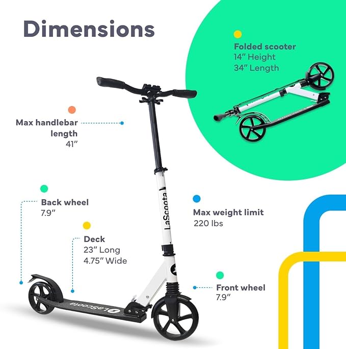 LaScoota Kick Scooter for Kids Ages 6+, Teens & Adults, Large 8" Sturdy Urethane Wheels. Adjustable Handlebar, Lightweight, Foldable, 220lbs Max Load