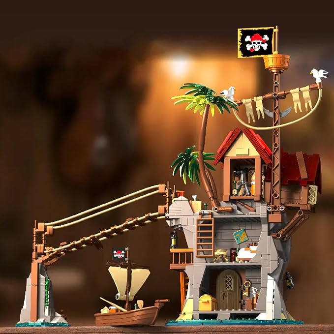 Viking Medieval Pirate's Cliffside Broken Mast Cabin Wharf Building Set House Building Block Toy, Medieval Pirate Ship Architecture Bricks Kit,Gift for Women or Adult 1045pcs