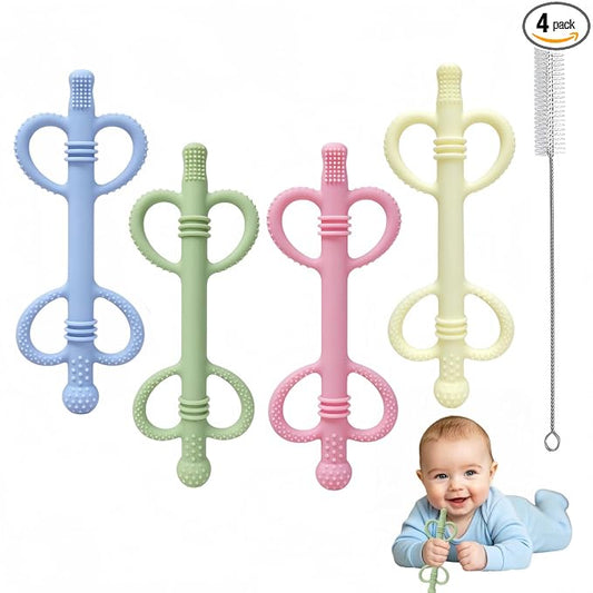 4 Pack Sensory Baby Teething Tubes, Silicone Baby Teether Toys with Easy-Hold Love Handle, Dual-Sided Textures, Soothe Sore Gums, BPA-Free Hollow Teething Straws for Babies 3+ Months (Style A)