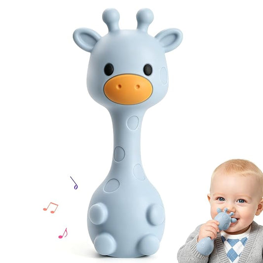 Baby Teething with Rattle Toys 3-6 6-12 Months, BPA Free Silicone Baby Teether, Infant Chew Toys for Teething Relief, Baby Gifts for Newborn Boys Girls, Easy-Grip, Blue