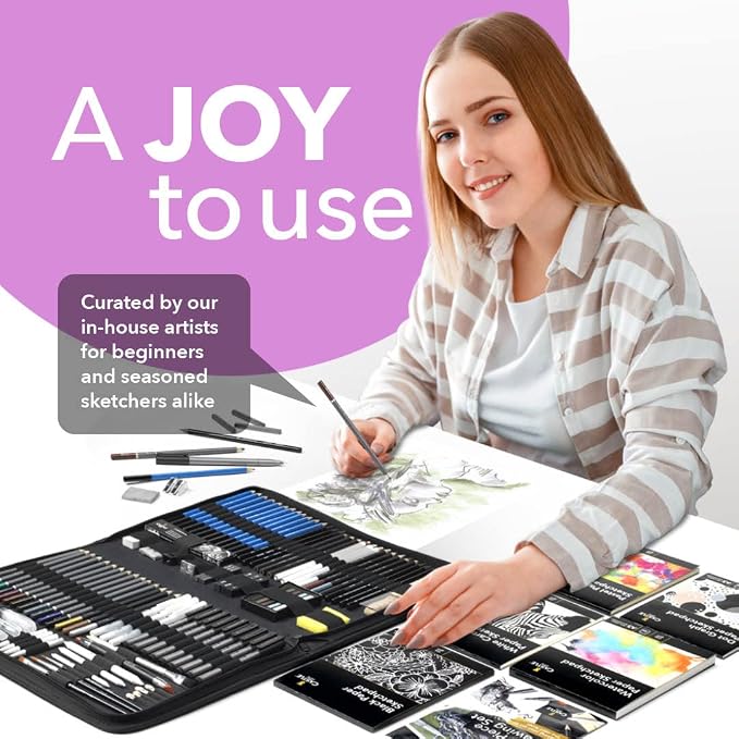 Castle Art Supplies 100 Piece Drawing & Sketching Set | Graphite, Charcoal, Pastel, Metallic Pencils + More for Professional and Adult Artists