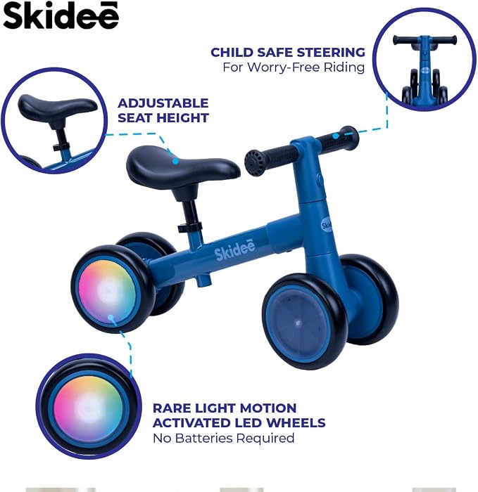 SKIDEE Toddler Balance Bike 1-3, 4-Wheel Balance Bike with Rare Light-Motion-Activated LED Wheels, Adjustable Height & Child Safe Steering, Lightweight Ride-On Toy Training Bike for Boys & Girls