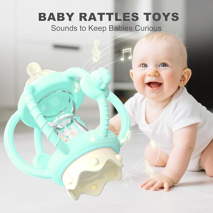 Silicone Teether Rattle Toy for Babies 0-12 Months Teething Relief | Montessori Sensory Teething Toy with Pacifier, Easy Grasp Handle for Infant Boys & Girls, Baby Must Haves
