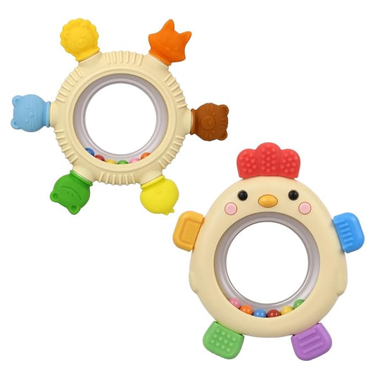 Sensory Toys for Babies, 2 Pack Baby Teething Rings Toys for 0-3 3 6-12 Months Baby Rattle Teether Silicone Teether Relief Chew Soothing,BPA Free,Sore Gums Babys Teethers Toys