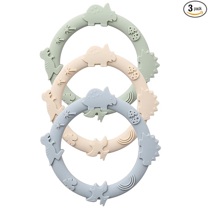 Silicone Teethers for Babies 0-6 6-12 Months Teething Toys for Infants Baby Chew Toys for Sucking Needs Baby Teething Rings for Infant Boys and Girls 3 Pack-Dinosaur-Blue