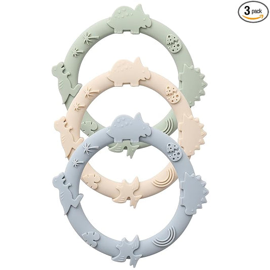 Silicone Teethers for Babies 0-6 6-12 Months Teething Toys for Infants Baby Chew Toys for Sucking Needs Baby Teething Rings for Infant Boys and Girls 3 Pack-Dinosaur-Blue