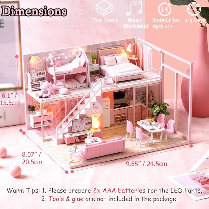 TuKIIE DIY Miniature Dollhouse Kit with Furniture, 1:24 Scale Creative Room Mini Wooden Doll House Accessories Plus Dust Proof & Music Movement for Kids Teens Adults(Meeting Your Sweet)