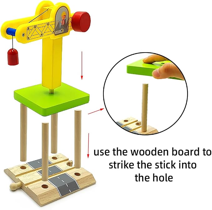 Wooden Train Track Accessories Wooden Crane Toy Set with Train Cars for 3 4 5 Year Old Boys Kids Other Major Wooden Rail Brands are Compatible (Multi-Function Crane)