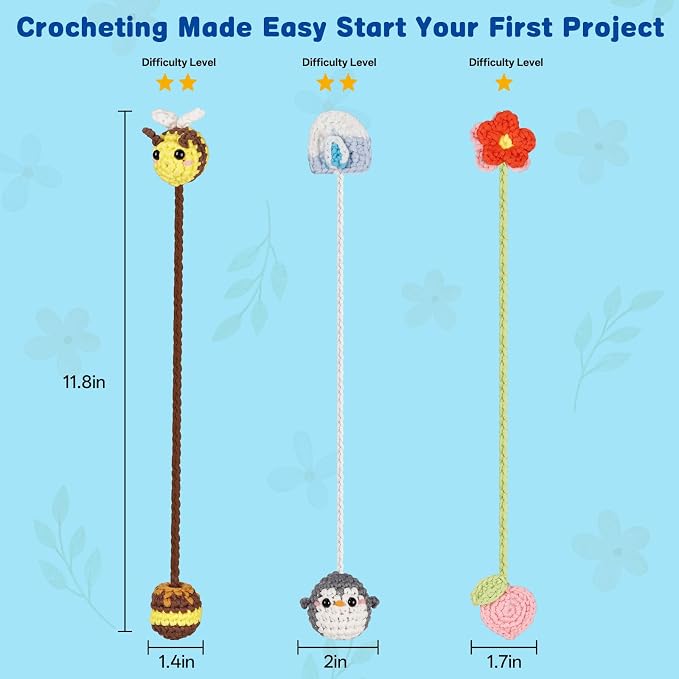 WaldyWop Crochet Kit for Beginners: 3 Animal & Flower Bookmarks Knitting Kits for Starter w/Easy Yarn, Crochet Hook&Easy Video Tutorials-Wobbles Crochet Animal Kit for Adults, Birthday Gifts for Women