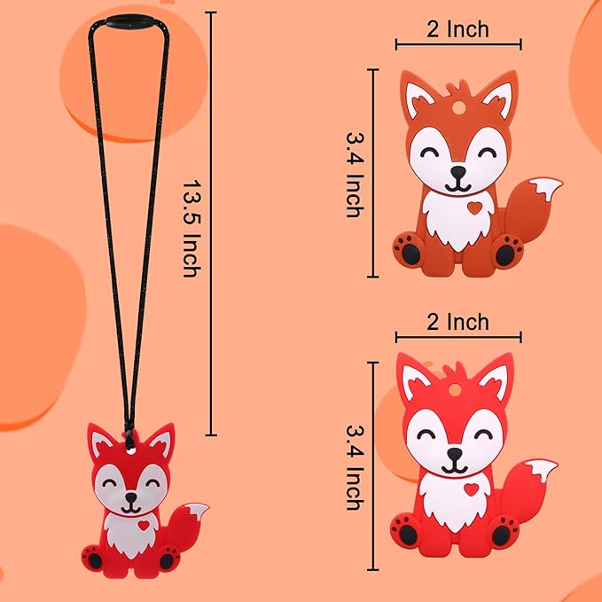 Chew Necklaces for Sensory Kids Boys and Girls, 2 Pack Fox Silicone Chewy Necklace for Autism, ADHD, SPD, Chewy Oral Motor Chewing Toy for Adults