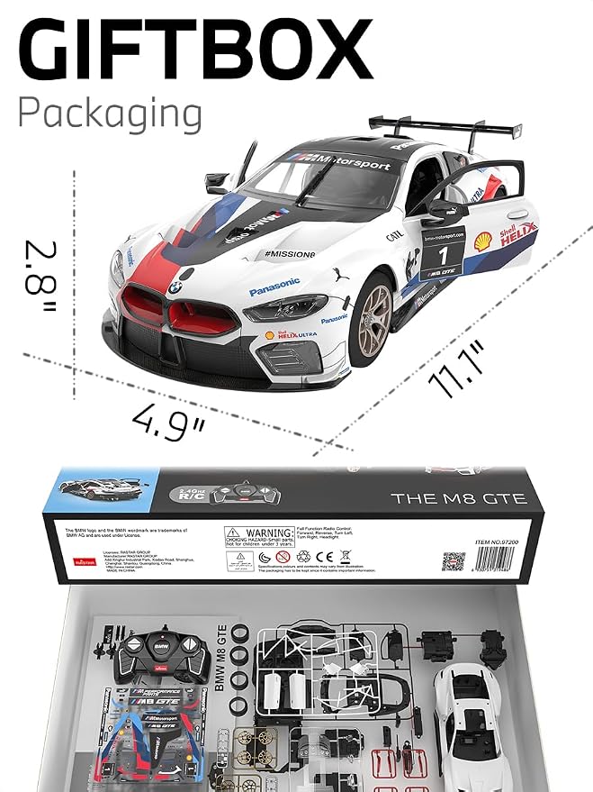 RASTAR Build Your Own RC Car BMW M8 GTE Kit with Remote, Motor & DIY Decals | Officially Licensed, Ideal Gift, 74PCs 1/18 Scale RC Model Car Building Kit with Openable Doors & Working Lights, 97200