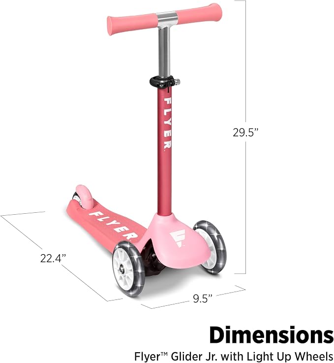 Radio Flyer Glider Jr. Scooter with Light Up Wheels, Pink, for Kids 2-5 Years Old, Lean-to-Steer, Adjustable Handlebar, Rear Foot Brake, Smooth Bearings, Comfort Grips, 3 Wheel Scooter for Kids