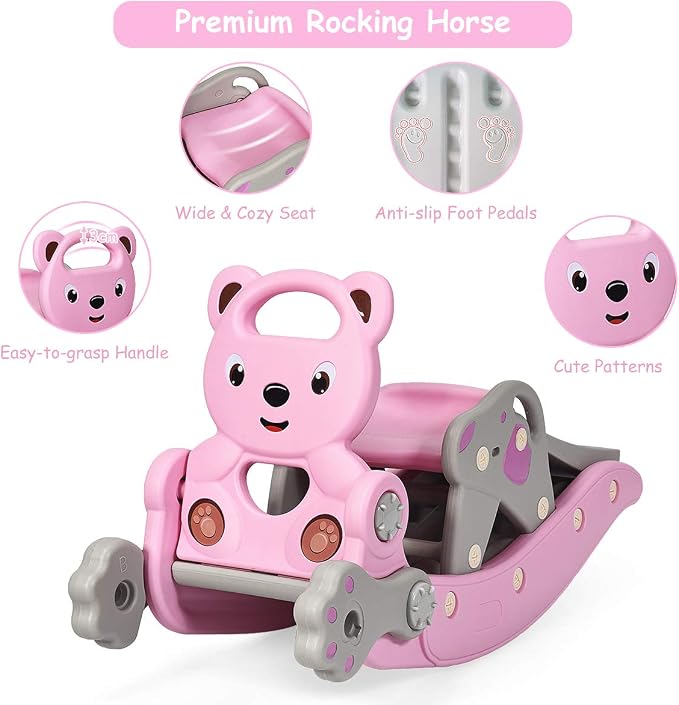 Costzon 5 in 1 Toddler Slide Rocking Toy, Slide for Kids with Detachable Stool, Basketball Hoop and Ring Game, Foldable Climber Playground Slide for Both Indoors Outdoor Use (Pink Bear)