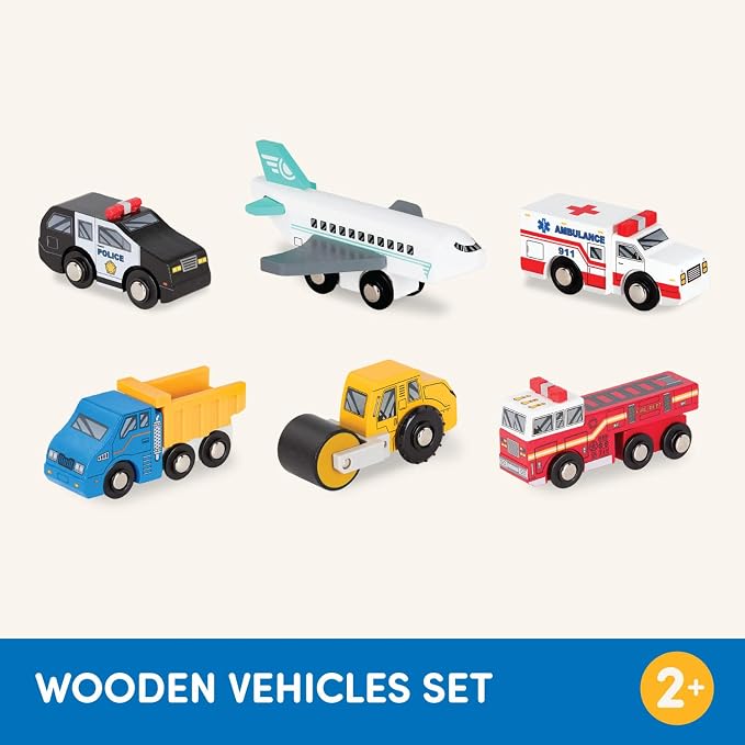Battat – Miniature Toy Cars – 6 Pieces Wooden Minis – Classic Rescue & Construction Vehicles – Steamroller, Dump Truck – 3+ Years– Wooden Vehicles Set 2
