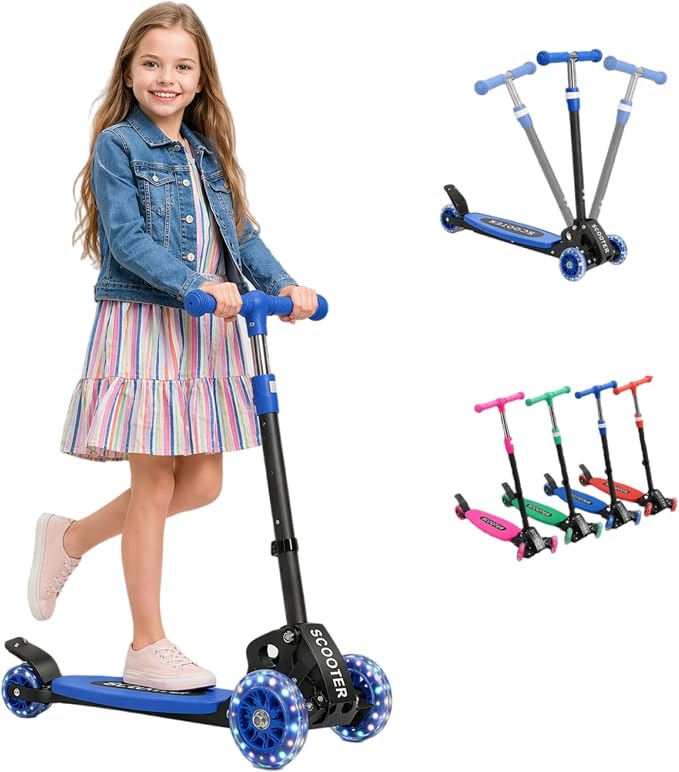 Kids Kick Scooter for 3-12,Lean-to-Steer 3 Wheel Scooter for Beginners with Light-Up Wheels,3 Adjustable Handlebar 27.5"–33",6-Inch Wide Deck,Rear Foot Brake,Foldable Scooter for Boys & Girls