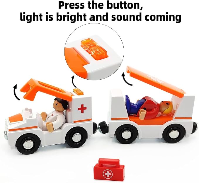 Magnetic Trains Cars Playset Wooden Train Track Accessories Station Wagon Train Set for Toddlers 3-5 Wooden Train Sets for Boys Girls Ages 3-4-7 (Ambulance B (with Light and Sound))