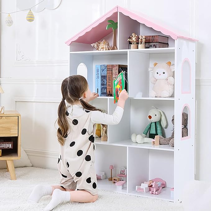Kids Dollhouse Bookshelf and Toy Storage - Wooden Stand Dollhouse Bookcase with 3-Tier Storage Display, Bookshelf for Playing Room, Nursery, Gift for Boys Girls (8 Room - Pink with White)