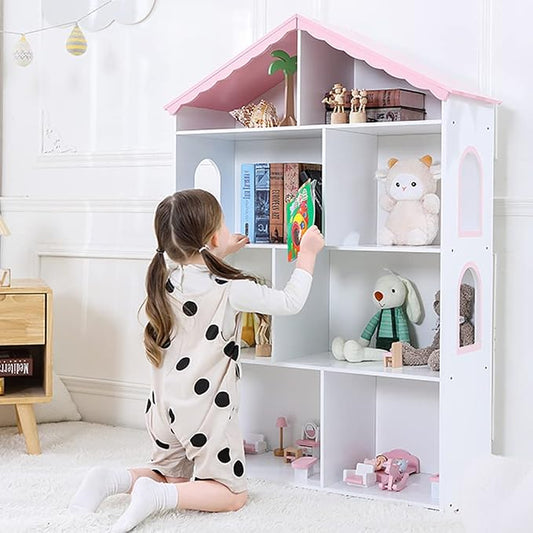 Kids Dollhouse Bookshelf and Toy Storage - Wooden Stand Dollhouse Bookcase with 3-Tier Storage Display, Bookshelf for Playing Room, Nursery, Gift for Boys Girls (8 Room - Pink with White)