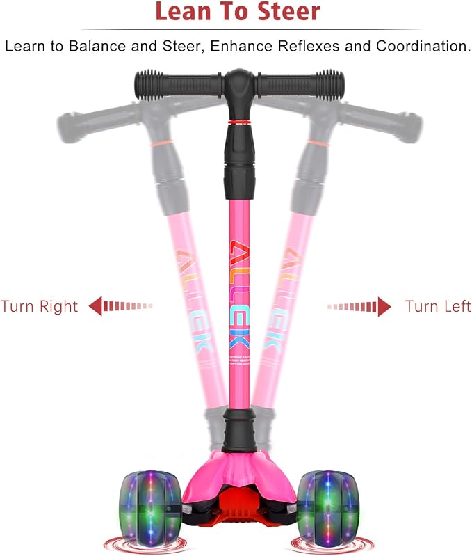 Allek Kick Scooter B02, Lean 'N Glide Scooter with Extra Wide PU Light-Up Wheels and 4 Adjustable Heights for Children from 3-12yrs (Rose Pink)