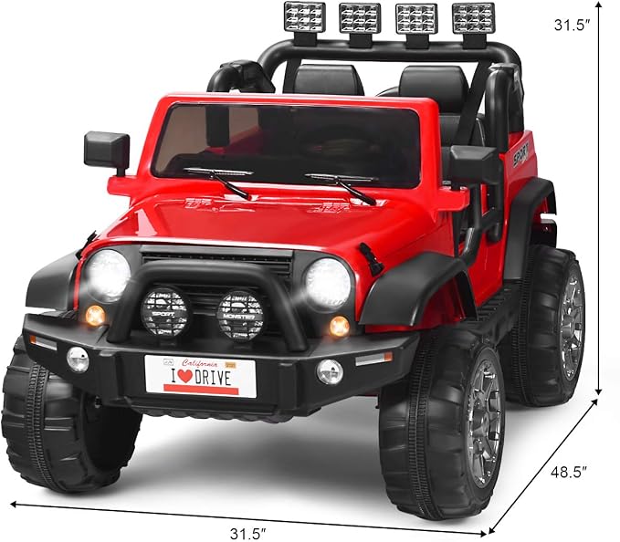 Costzon 2-Seater Ride on Truck, 12V Battery Powered Electric Vehicle Toy w/Storage, Remote Control, 3 Speed, LED Lights, MP3, Horn, Music, 2 Doors Open, Spring Suspension, Ride on Car for Kids (Red)