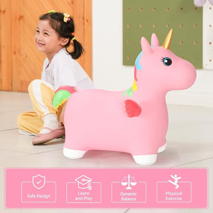 INPANY Unicorn Bouncy Horse Toys, Toddler Inflatable Unicorn, Bouncy Pals | Eco-Friendly PVC, Low Center Gravity, Cute Cartoon Design, Load 100 Lbs, Learn & Exercise & Active Fun, Gifts for 1-3 Kids