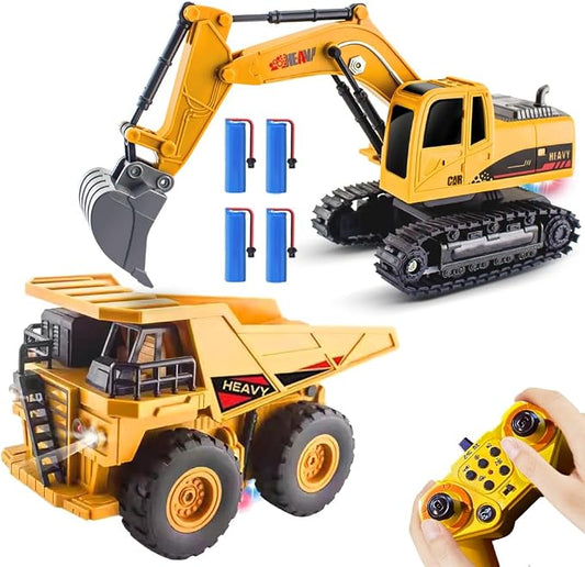 RC Excavator and Dump Truck Toy Set for Kids, 2.4Ghz 11 Channel Dual Control Remote Control Construction Vehicle with Light, Sound, Music & Auto Demo, Christmas Birthday Gifts for Boys Girls Ages 3-8