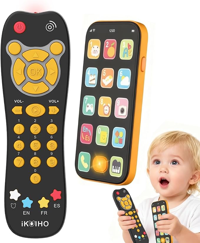 Baby Phone TV Remote Toy Set, Bilingual Play Phones Toy Remote for Baby with Music Light for 6+ Months, Early Learning Baby Toys Gift for 1 Year Old Boys Girls Toddler Infant, English/Spanish, Orange