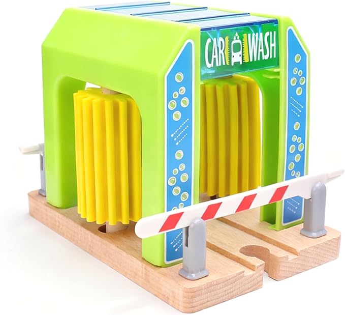 Car Wash Toy for Wooden Train Set Accessories,Wooden Train Washing Station Playset for Toddlers,Compatible with Thomas, Brio, Chuggington