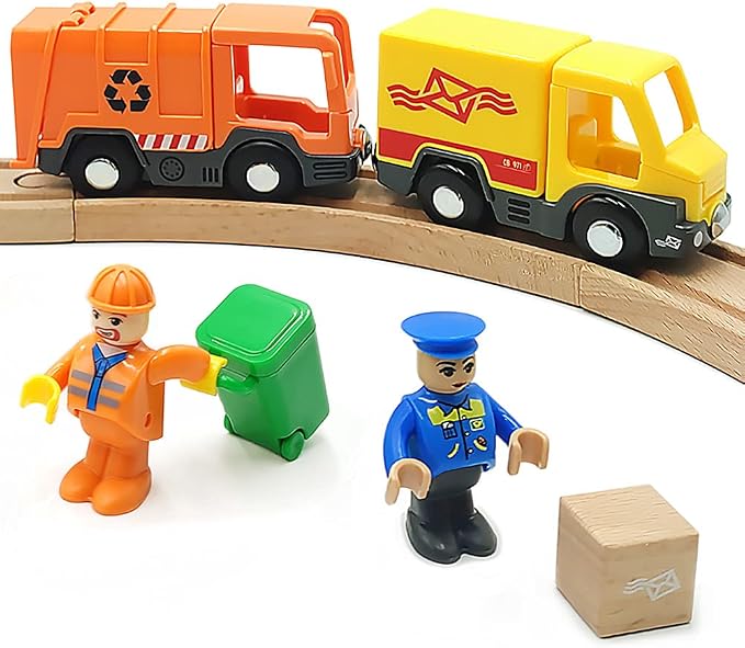 DSHMIXIA Garbage Mail Truck Small Toys Cars for 3 5 Year Old Boys Magnetic Couplings City Vehicle for Wood Train Set for Children Inside Outside Toys (City Set)