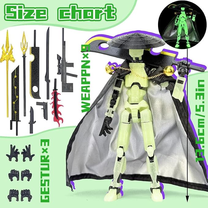 T13 Assembly Completed Action Figures,T-13 Action Figure, Robo 13 3D Printed Action Figure - The Ultimate Hero for Action-Packed Playtime,5.2 Inch, Green(Glows in The Dark)