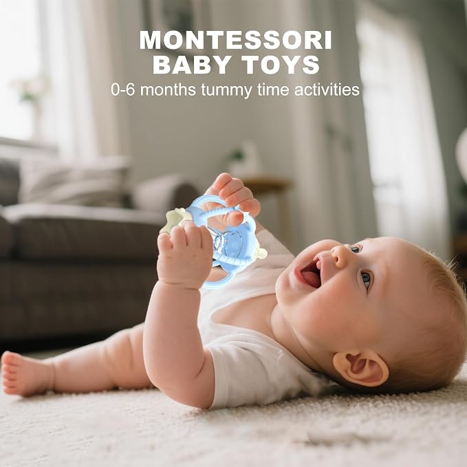 Silicone Teether Rattle Toy for Babies 0-12 Months Teething Relief | Montessori Sensory Teething Toy with Pacifier, Easy Grasp Handle for Infant Boys & Girls, Baby Must Haves