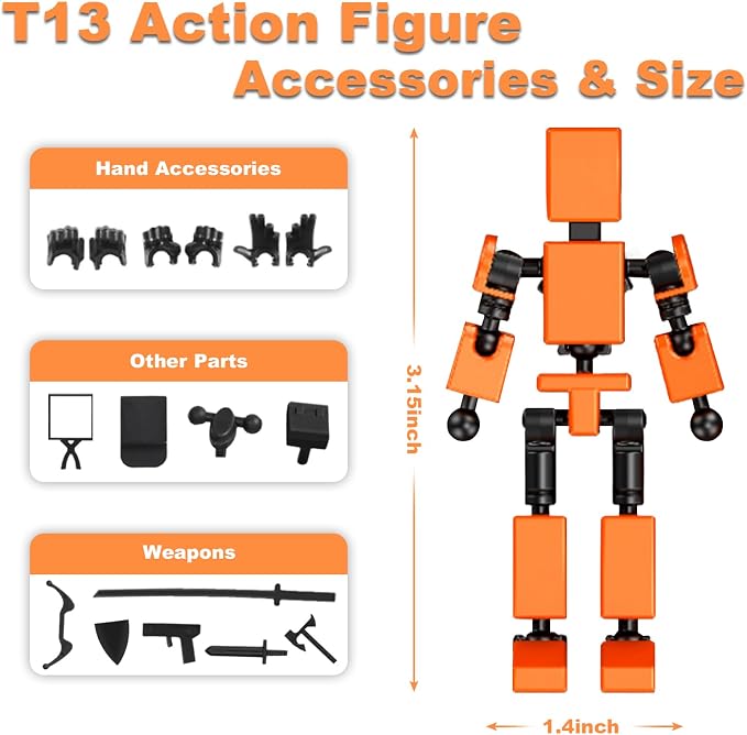 4PCS Mini Titan T-13 Action Figures Set, Assembly Completed Luck Dummy Robot 13 Action Figure Toys for Boys Stick Figures with Multi Joints Movable Fidget Gifts for Kids(Yellow+Orange+Blue+Red)