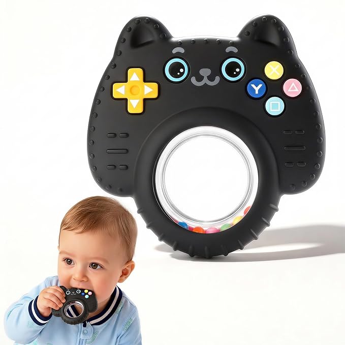 Baby Teether Toy Silicone Cat Teething Ring -Game Controller, Baby Rattle Toy Chew Sensory Toys for Babies Over 3 Months, Teething Relief for Newborn Infant Essentials 0-6 6-12 Months, BPA Free -Black