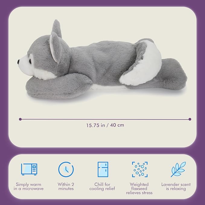 OSOCU® Microwavable & 1.8 LB Weighted Stuffed Animal - Grey Husky Heating Pad with Lavender & Tourmaline - Soothing Warm Heatable Plush Toy for Menstrual Cramps, Muscle Aches, Shoulder Tension