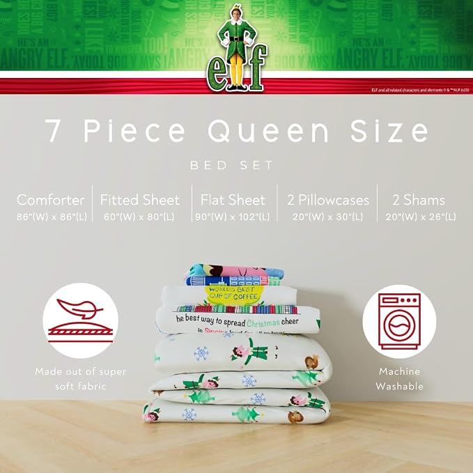 Elf Movie Christmas Bedding Set – 7 Piece Queen Size Holiday Reversible Microfiber Comforter & Sheet Set - Super Soft & Cozy, (Officially Licensed Product) by Franco Collectibles