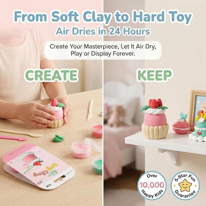 Air Dry Clay for Kids - 12 Dream Dessert Designs Modeling Clay Kit - Model Sculpting Set, Ultra Soft Safe & Non-Sticky | DIY Crafts, School Projects & Party Favors for Boys & Girls