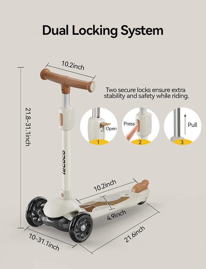 Kick Scooter for Kids Ages 2-14, 3 Wheel Scooter Adjustable Height Foldable Design, 3 LED Light Wheels, Rear Brake, Extra Wide Non-Slip Deck Kid Scooters for Boys and Girls