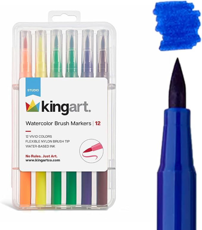 KINGART Watercolor Brush Marker Set – 12 Vivid Colors – Flexible Nylon Tips for Sketching, Drawing, Calligraphy, & Painting – Reusable Storage Case Include