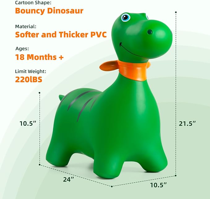 Bouncy Dinosaur Hopper Horse for Toddlers, Bouncy Animals Hopping Jumping Toys, Ride on Toys Indoor Outdoor Inflatable Birthday Gifts for Girls Boys 18 Months 2 3 4 5 6 Year Old, Green