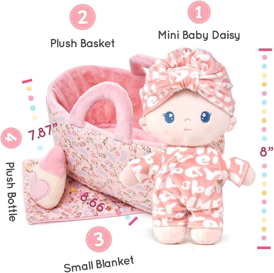 LeyaDoll Soft Baby Doll Gift Set - First Baby Doll Accessories Plush Rag Sleeping Cuddle Buddy Doll Toy Mini Pink Set for Kids Girls (9'') - Pudding Baby-Light