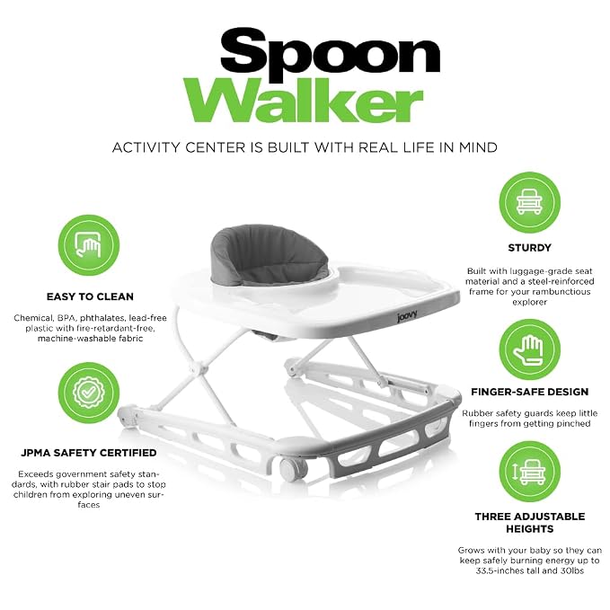 Joovy Spoon Baby Walker & Activity Center Featuring Three Adjustable Heights, Extra-Large Tray, and 30 lb Weight Capacity - JPMA Safety Certified, Charcoal