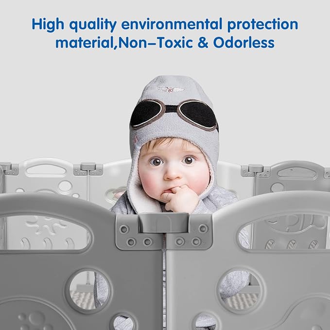 Albott Baby Fence Kid Playpen 18 Panel Albott Play Yard - Foldable Kids Safety Activity Center Playard Safety Lock Gate,Adjustable Shape, Portable Design for Indoor and Outdoor (18 Panel, Grey+White)