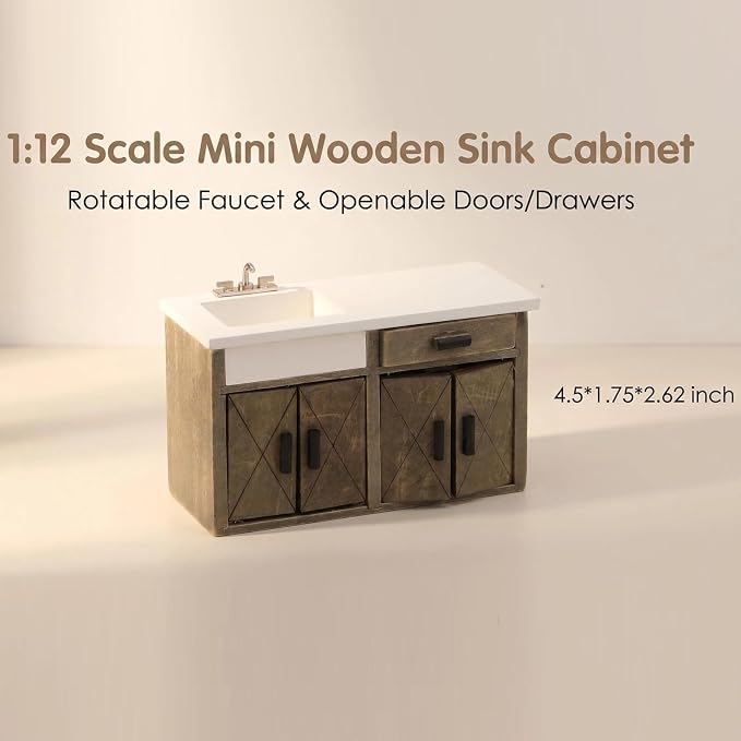 Dollhouse Furniture 1/12 Scale Miniature Sink Cabinet Wooden Bathroom Vanity Cabinet with Openable Drawer and Doors (Gray)