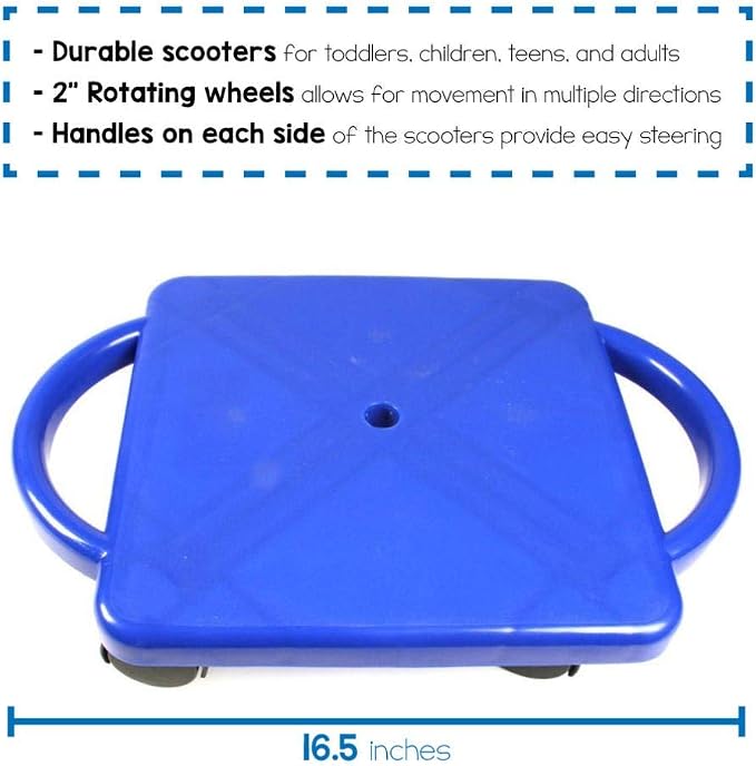 hand2mind Blue Indoor Scooter Board with Handles, Sit Down Floor Scooter, Gym Activities for Kids, Indoor Sport Recess Games, Physical Education Equipment, Gross Motor Toys