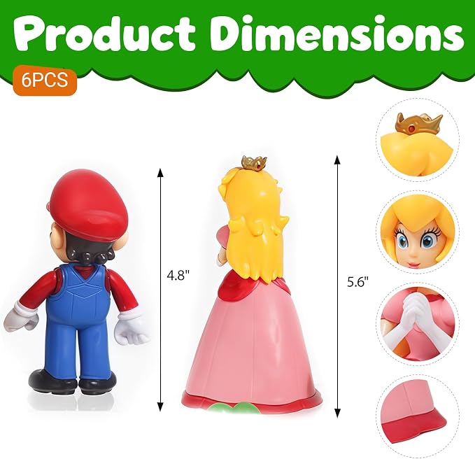 Mario Action Figures Set, 6 Inch Cartoon Character Figures Toys, Classic Plumber Bros Collectible Figurines Set for Display, Cake Toppers, Gift Ideas