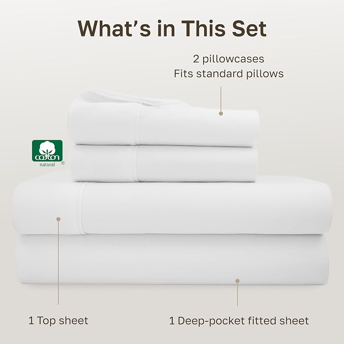 California Design Den Soft 100% Cotton Full Size Bed Sheets Set, 400 TC Good Housekeeping Award Winner, Silky Sateen Weave with Deep Pockets, Long Staple Cotton Full Bed Sheet Set - Antique White